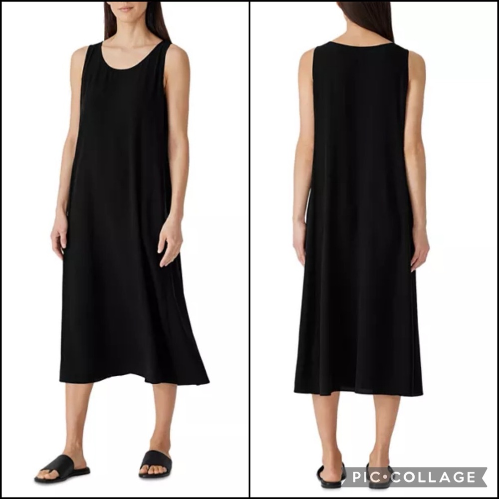 Eileen Fisher 100% Silk Pin-tuck Detail Tunic Shift Midi Tank Dress